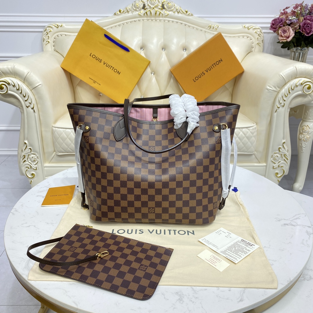 Louis Vuitton NEVERFULL MM Damier Azur Handbag N41603 Rose Ballerine